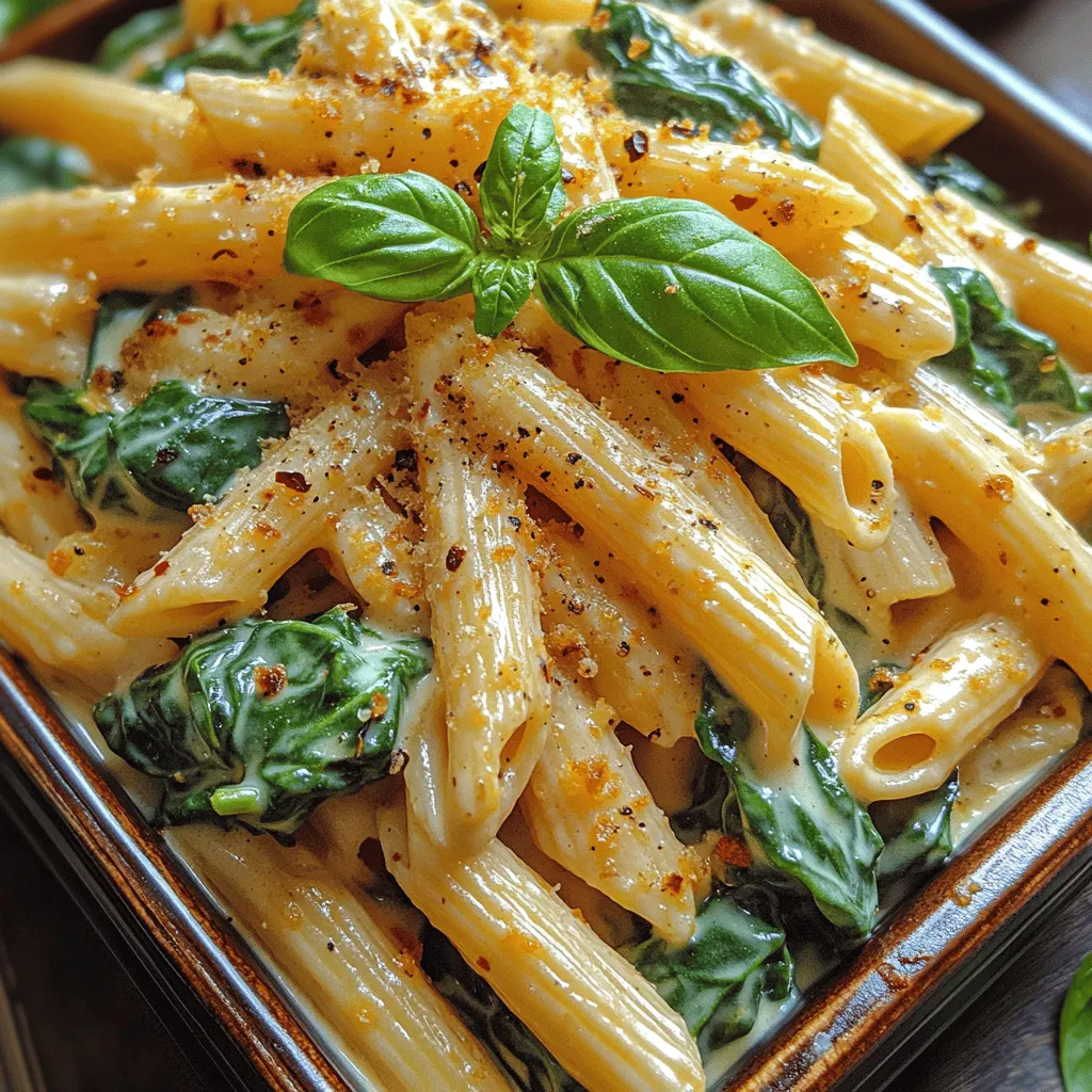 Pasta has a unique ability to bring comfort and satisfaction to any meal, and the Savory Creamy Garlic Spinach Penne is no exception. This dish combines the inviting flavors of creamy garlic sauce with the vibrant freshness of spinach, creating a delectable experience that appeals to both the palate and the senses. Its rich, velvety texture pairs beautifully with the hearty shape of penne pasta, making it a versatile choice that can easily transition from a cozy family dinner to an impressive centerpiece for special occasions. Furthermore, with its relatively quick preparation time, this recipe is an excellent option for busy weeknights, ensuring that you can whip up something delicious without compromising on flavor.