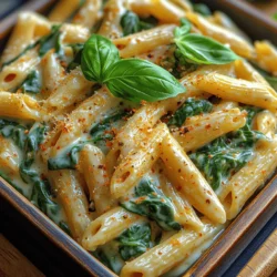 Pasta has a unique ability to bring comfort and satisfaction to any meal, and the Savory Creamy Garlic Spinach Penne is no exception. This dish combines the inviting flavors of creamy garlic sauce with the vibrant freshness of spinach, creating a delectable experience that appeals to both the palate and the senses. Its rich, velvety texture pairs beautifully with the hearty shape of penne pasta, making it a versatile choice that can easily transition from a cozy family dinner to an impressive centerpiece for special occasions. Furthermore, with its relatively quick preparation time, this recipe is an excellent option for busy weeknights, ensuring that you can whip up something delicious without compromising on flavor.