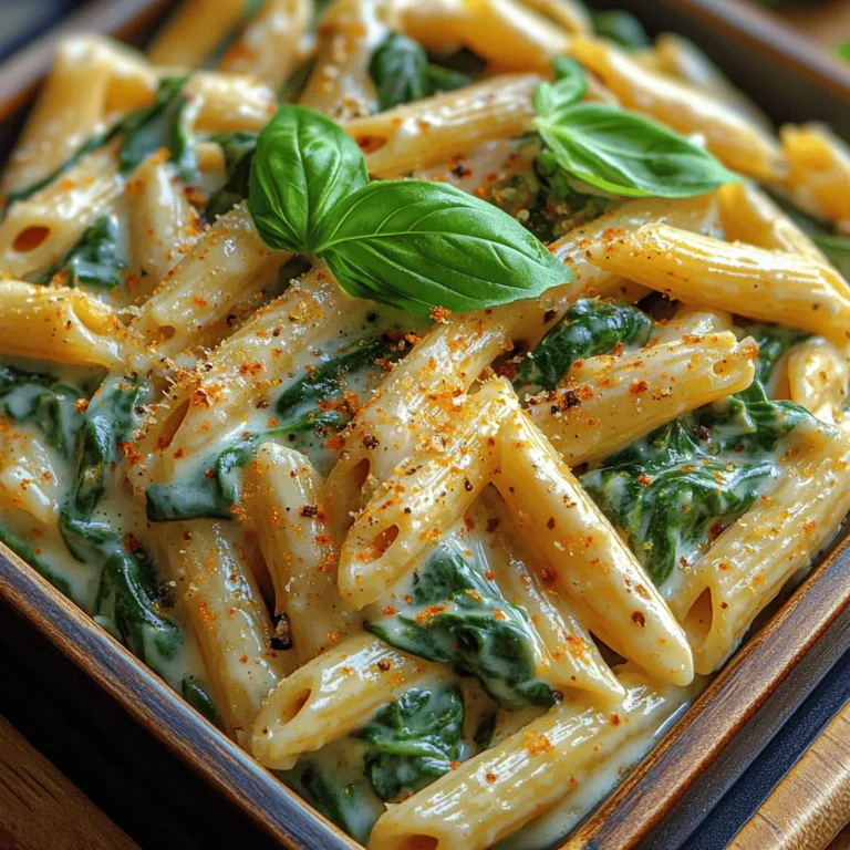 Pasta has a unique ability to bring comfort and satisfaction to any meal, and the Savory Creamy Garlic Spinach Penne is no exception. This dish combines the inviting flavors of creamy garlic sauce with the vibrant freshness of spinach, creating a delectable experience that appeals to both the palate and the senses. Its rich, velvety texture pairs beautifully with the hearty shape of penne pasta, making it a versatile choice that can easily transition from a cozy family dinner to an impressive centerpiece for special occasions. Furthermore, with its relatively quick preparation time, this recipe is an excellent option for busy weeknights, ensuring that you can whip up something delicious without compromising on flavor.
