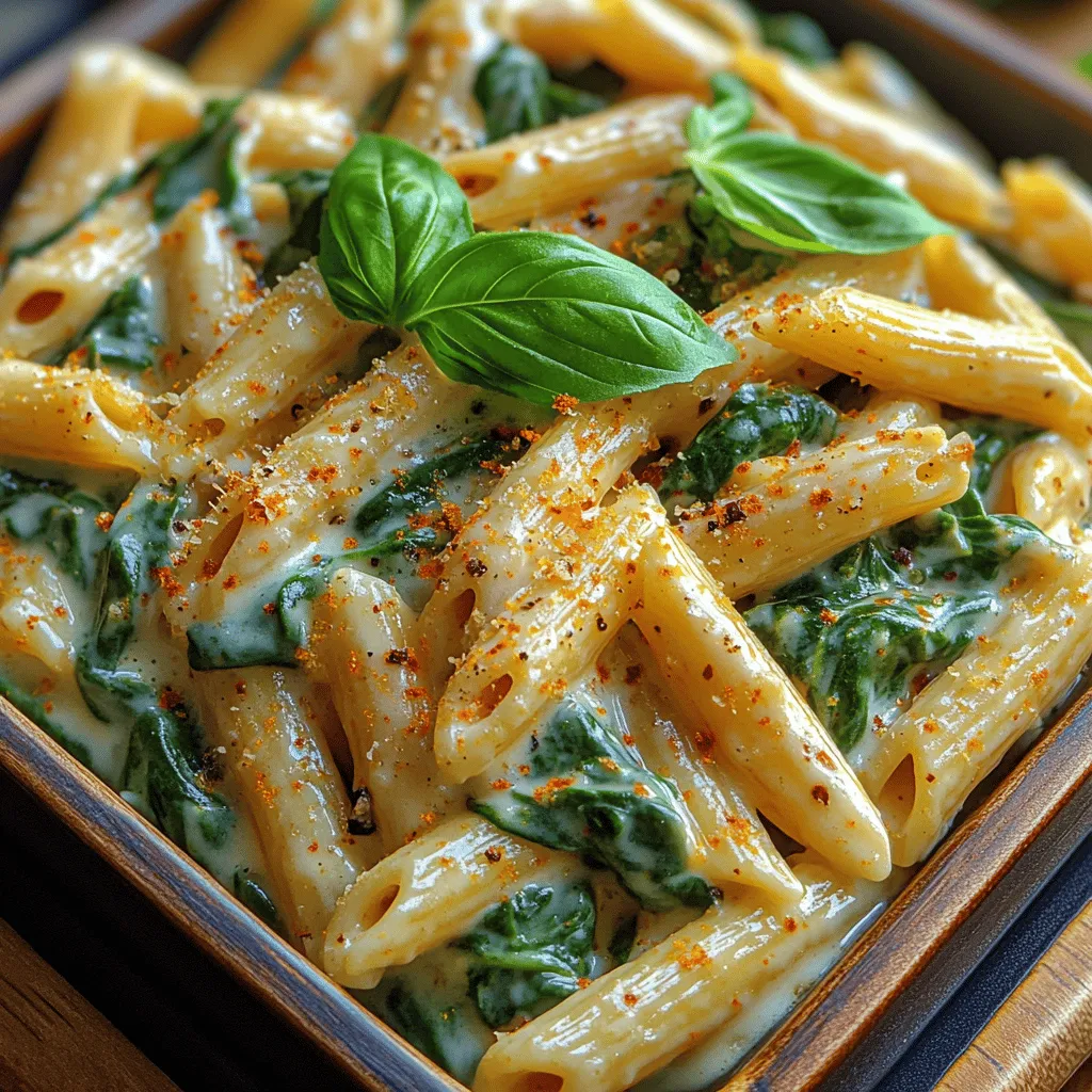 Pasta has a unique ability to bring comfort and satisfaction to any meal, and the Savory Creamy Garlic Spinach Penne is no exception. This dish combines the inviting flavors of creamy garlic sauce with the vibrant freshness of spinach, creating a delectable experience that appeals to both the palate and the senses. Its rich, velvety texture pairs beautifully with the hearty shape of penne pasta, making it a versatile choice that can easily transition from a cozy family dinner to an impressive centerpiece for special occasions. Furthermore, with its relatively quick preparation time, this recipe is an excellent option for busy weeknights, ensuring that you can whip up something delicious without compromising on flavor.