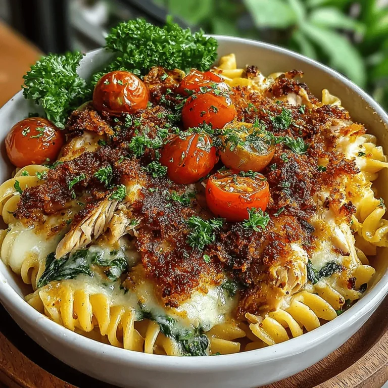 Golden Chicken Caesar Pasta Bake is the ultimate comfort food that combines the richness of creamy sauces with the heartiness of pasta, creating a dish that is not only satisfying but also incredibly appealing to the taste buds. This recipe marries the classic flavors of Caesar salad with al dente rotini pasta, tender chicken, and an assortment of cheeses, resulting in a savory bake that is both familiar and comforting. The harmonious blend of textures—from the creamy sauce to the crunchy breadcrumbs on top—makes this dish a delightful experience at every bite.