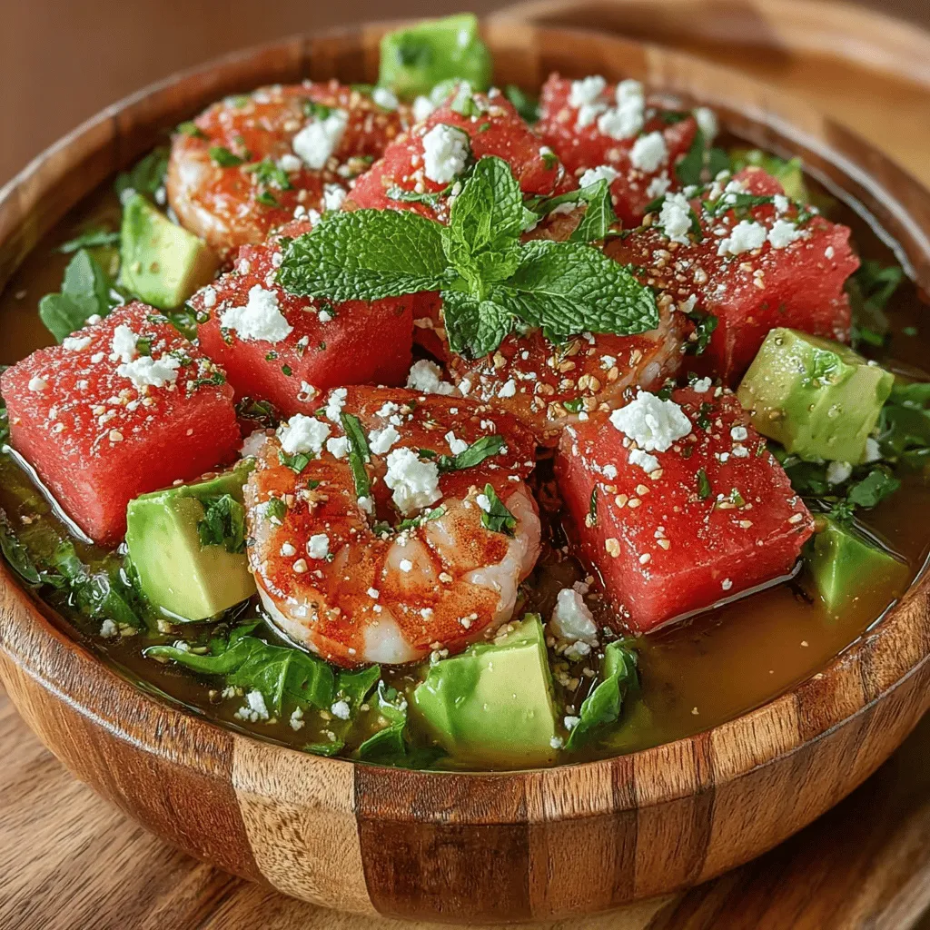 Creating a stunning Watermelon & Shrimp Salad Bowl starts with the art of layering. Each ingredient not only brings its unique flavor but also contributes to the overall aesthetic of the dish. Begin by placing a base of mixed greens in the bowl. The vibrant greens not only provide a nutritious foundation but also a beautiful contrast to the juicy pink and red of the watermelon and shrimp. Next, add slices of watermelon, ensuring they are evenly distributed to maximize both flavor and visual appeal. The sweet, refreshing taste of the watermelon pairs perfectly with the succulent shrimp, creating a delightful experience in every bite.