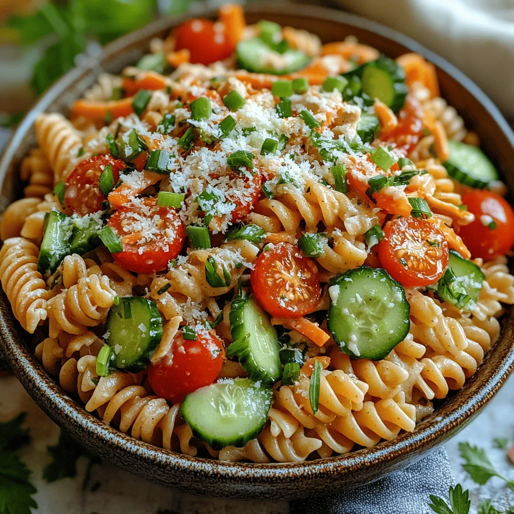 - 1 pound rotini pasta - 1 cup cherry tomatoes, halved - 1 cup cucumber, diced - 1 red bell pepper, diced - 1/2 cup green onions, sliced - 1 cup shredded carrots - 1 cup cooked chicken, diced (optional) - 1 cup mayonnaise - 1/2 cup buttermilk - 1 packet ranch dressing mix - 1 tablespoon fresh dill, chopped (or 1 teaspoon dried) - Salt and pepper to taste - 1/4 cup grated Parmesan cheese (optional)