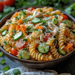 - 1 pound rotini pasta - 1 cup cherry tomatoes, halved - 1 cup cucumber, diced - 1 red bell pepper, diced - 1/2 cup green onions, sliced - 1 cup shredded carrots - 1 cup cooked chicken, diced (optional) - 1 cup mayonnaise - 1/2 cup buttermilk - 1 packet ranch dressing mix - 1 tablespoon fresh dill, chopped (or 1 teaspoon dried) - Salt and pepper to taste - 1/4 cup grated Parmesan cheese (optional)
