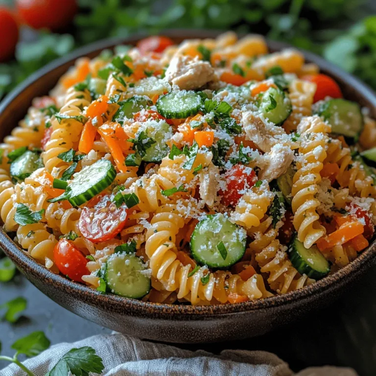 - 1 pound rotini pasta - 1 cup cherry tomatoes, halved - 1 cup cucumber, diced - 1 red bell pepper, diced - 1/2 cup green onions, sliced - 1 cup shredded carrots - 1 cup cooked chicken, diced (optional) - 1 cup mayonnaise - 1/2 cup buttermilk - 1 packet ranch dressing mix - 1 tablespoon fresh dill, chopped (or 1 teaspoon dried) - Salt and pepper to taste - 1/4 cup grated Parmesan cheese (optional)