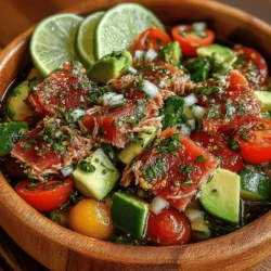 To create the perfect Zesty Tuna and Avocado Salad, it’s crucial to mix the primary ingredients in a manner that preserves the distinct textures. Start by placing your drained tuna in a medium-sized mixing bowl. Use high-quality canned tuna packed in water or olive oil for the best flavor. Gently flake the tuna with a fork, being careful not to over-mix, as you want to retain some larger chunks for a satisfying bite.