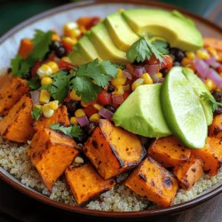 - 2 medium sweet potatoes, peeled and diced - 1 can (15 oz) black beans, rinsed and drained - 1 cup corn (fresh, frozen, or canned) - 1 red bell pepper, diced - 1 small red onion, diced - 3 cloves garlic, minced - 2 tablespoons olive oil - 1 teaspoon ground cumin - 1 teaspoon smoked paprika - 1 teaspoon chili powder (optional for heat) - Salt and pepper, to taste - Fresh cilantro, for garnish (optional) - Lime wedges, for serving (optional)