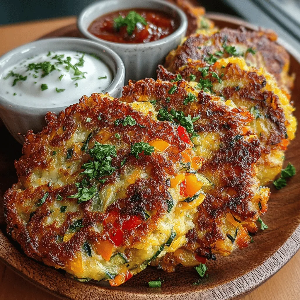 - 1 medium zucchini, grated - 1 medium carrot, grated - 1 bell pepper, finely chopped - 1 small onion, finely chopped - 1 cup chickpea flour - 1/2 cup all-purpose flour (or oat flour for a gluten-free option) - 1 teaspoon garlic powder - 1 teaspoon onion powder - 1 teaspoon paprika - 1/2 teaspoon salt - Fresh herbs (such as parsley or cilantro), chopped - Olive oil, for cooking