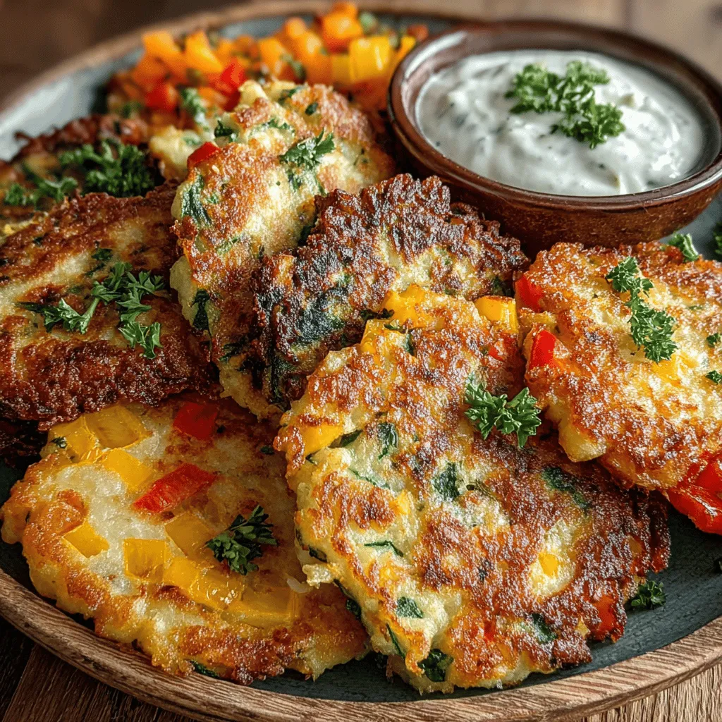 - 1 medium zucchini, grated - 1 medium carrot, grated - 1 bell pepper, finely chopped - 1 small onion, finely chopped - 1 cup chickpea flour - 1/2 cup all-purpose flour (or oat flour for a gluten-free option) - 1 teaspoon garlic powder - 1 teaspoon onion powder - 1 teaspoon paprika - 1/2 teaspoon salt - Fresh herbs (such as parsley or cilantro), chopped - Olive oil, for cooking