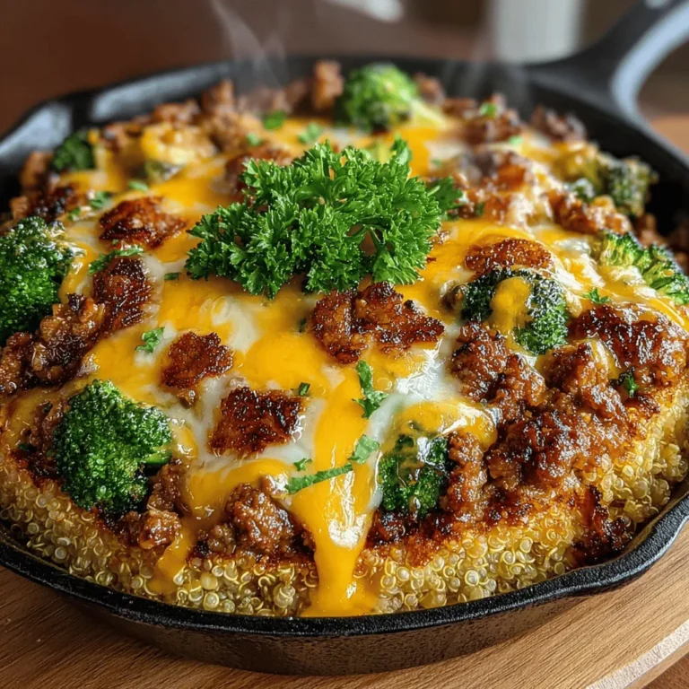 Highlighting the fusion of healthy ingredients and comforting flavors, this Cheesy Delight: One-Pan Turkey & Broccoli Skillet is a meal that perfectly balances nutrition and taste. With its simple preparation and one-pan convenience, this dish is designed for busy individuals and families looking to enjoy a wholesome meal without the hassle. Ground turkey, vibrant broccoli, protein-packed quinoa, and melty cheddar cheese come together in a delightful symphony of flavors, making it a go-to recipe for any weeknight dinner.