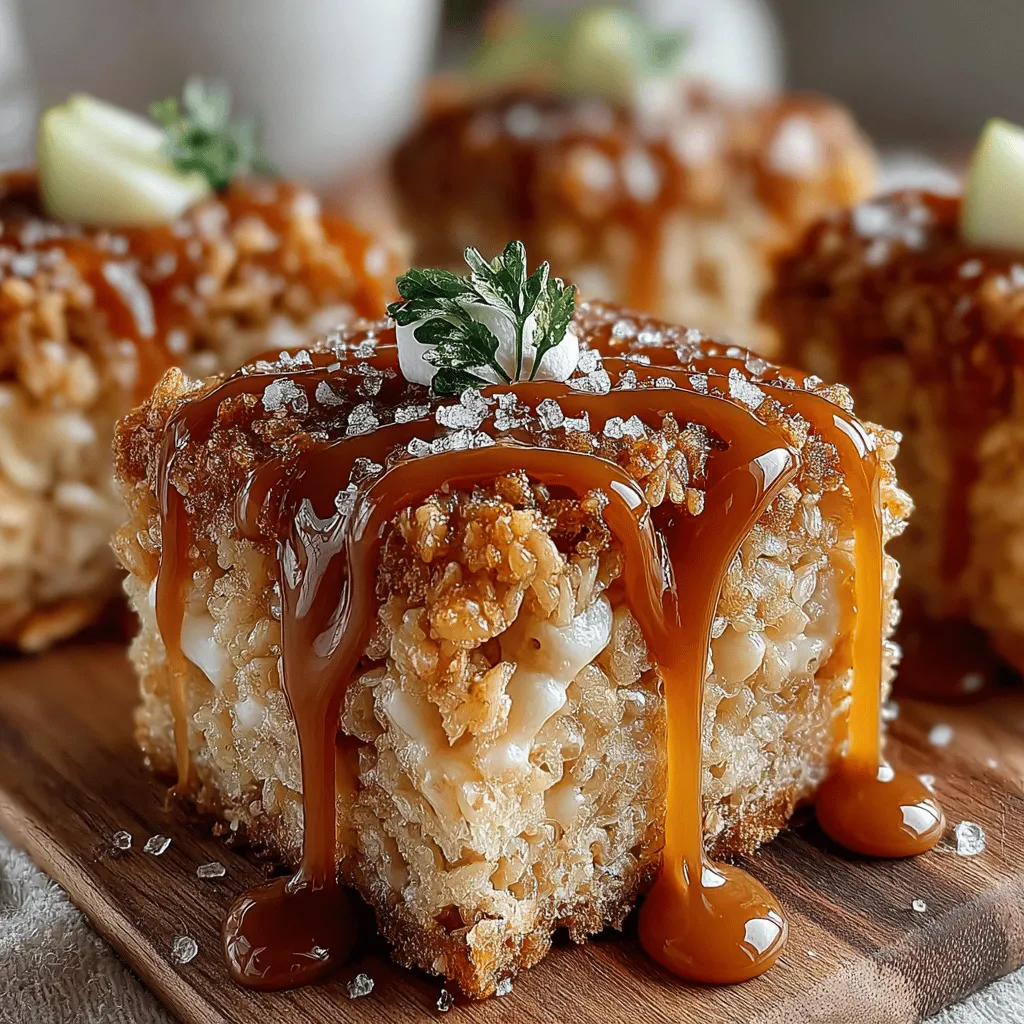 - 6 cups Rice Krispies cereal - 4 cups mini marshmallows - 1/2 cup unsalted butter - 1/2 cup apple cider - 1 cup caramel sauce (store-bought or homemade) - 1 teaspoon vanilla extract - 1 teaspoon ground cinnamon - 2 cups diced tart apples (such as Granny Smith) - 1/2 cup chopped nuts (optional) - Flaky sea salt (for garnish)