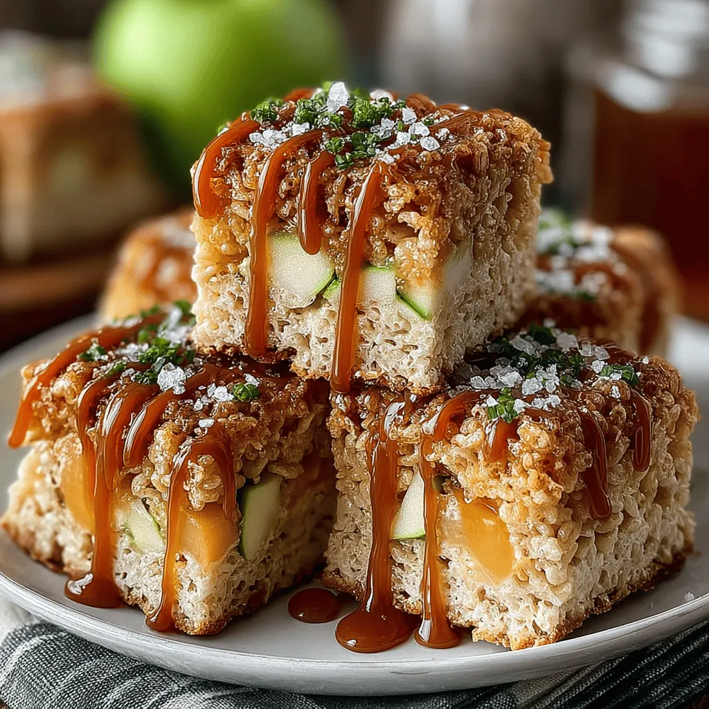 - 6 cups Rice Krispies cereal - 4 cups mini marshmallows - 1/2 cup unsalted butter - 1/2 cup apple cider - 1 cup caramel sauce (store-bought or homemade) - 1 teaspoon vanilla extract - 1 teaspoon ground cinnamon - 2 cups diced tart apples (such as Granny Smith) - 1/2 cup chopped nuts (optional) - Flaky sea salt (for garnish)